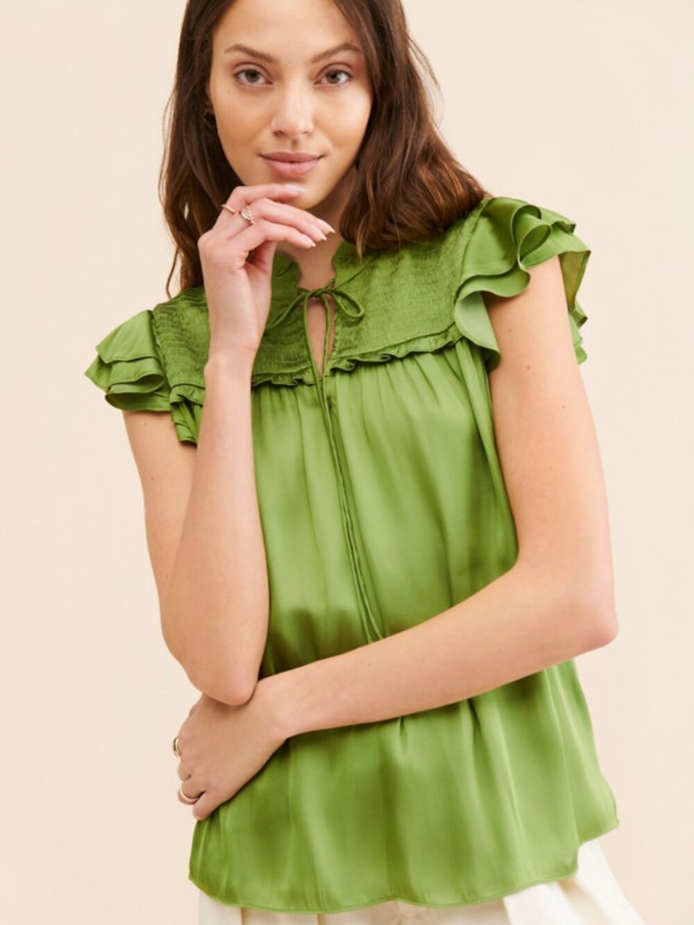 Smocked Ruffled-Sleeve Blouse